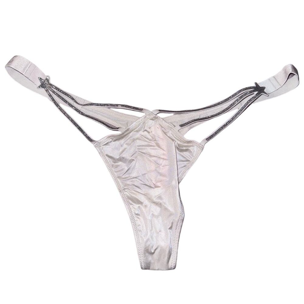 Victorias Secret Shimmering Silver Star Thong Panty Rhinestone Straps Large‎ NWT
